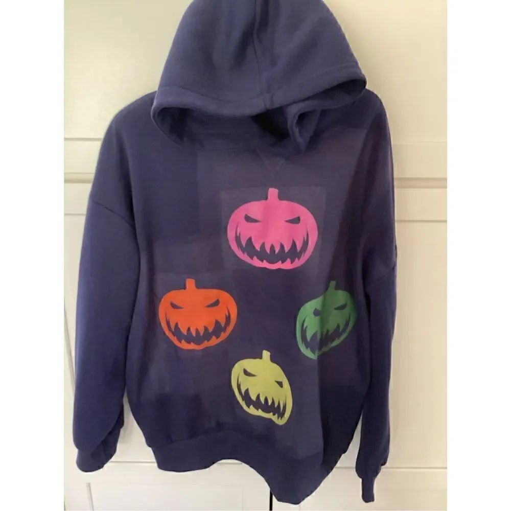 Forever 21+ Womens Pumpkin Fleece Hoodie Sz 1X Halloween Fall Navy